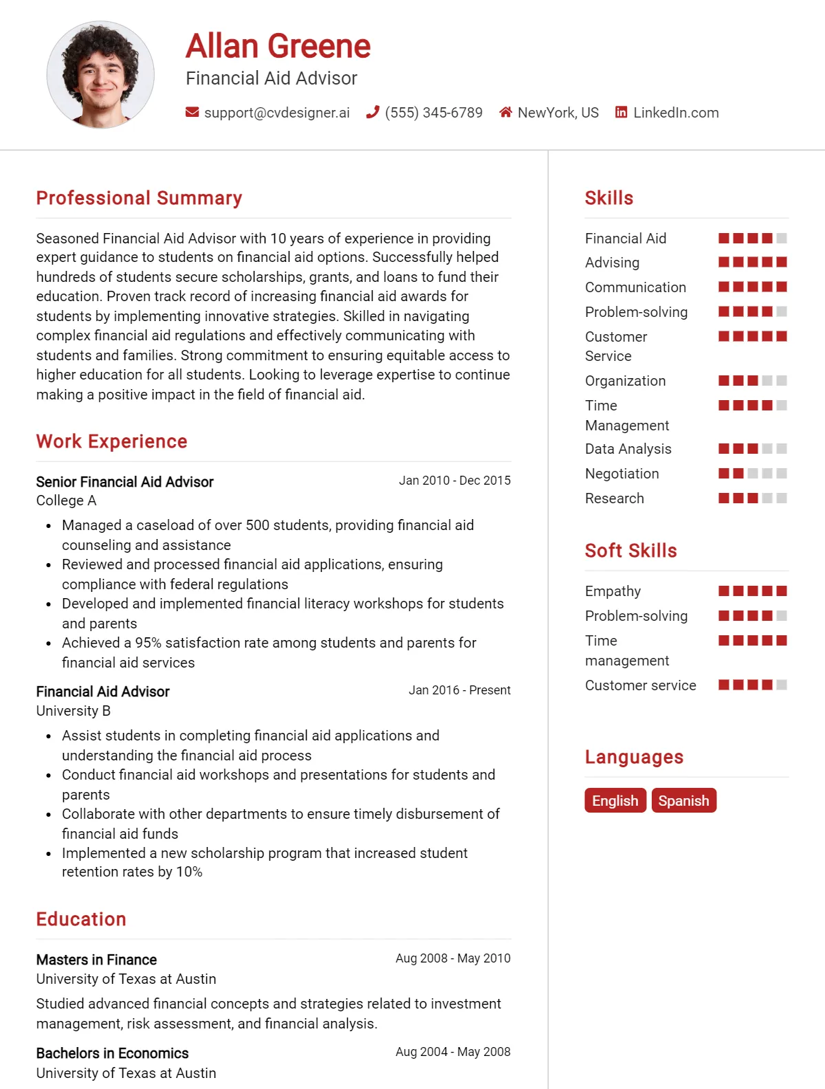 Financial Aid Advisor CV Examples