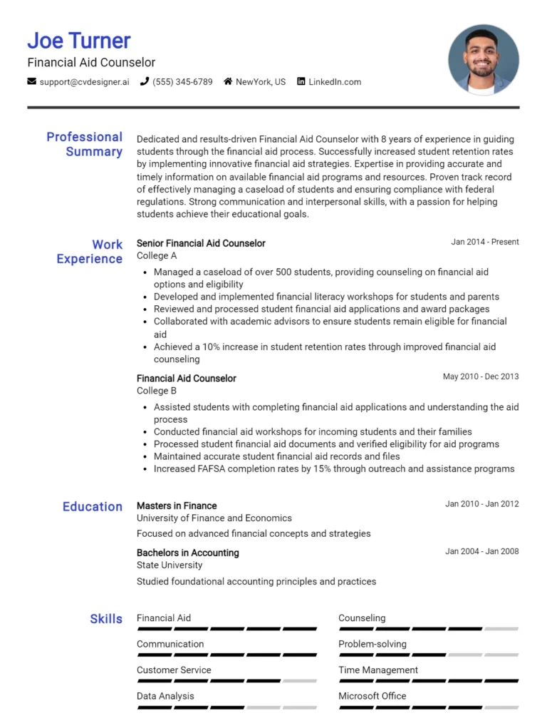 Financial Aid Counselor CV Example for 2025