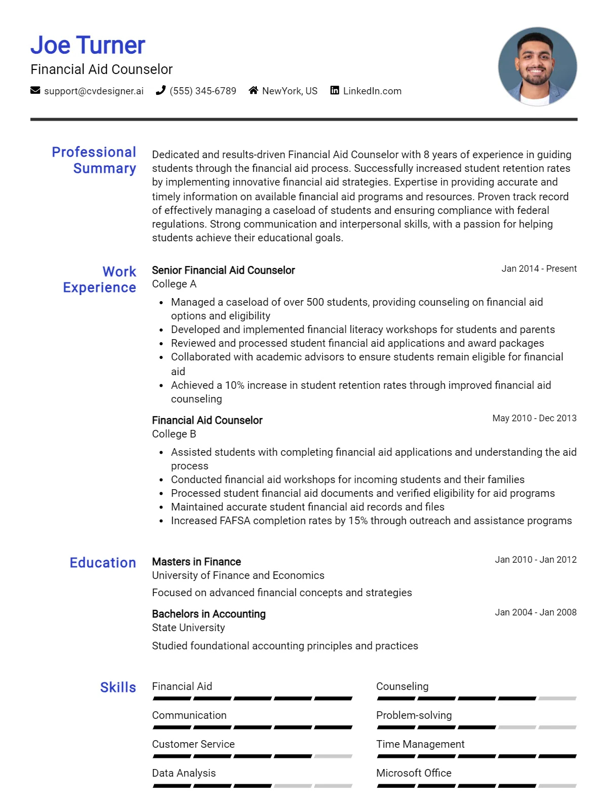 Financial Aid Counselor CV Example