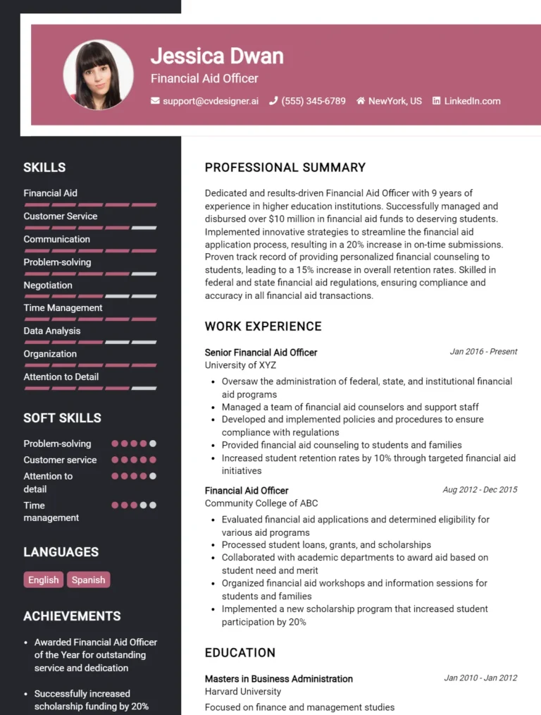 Financial Aid Officer CV Example for 2025: Format & Templates