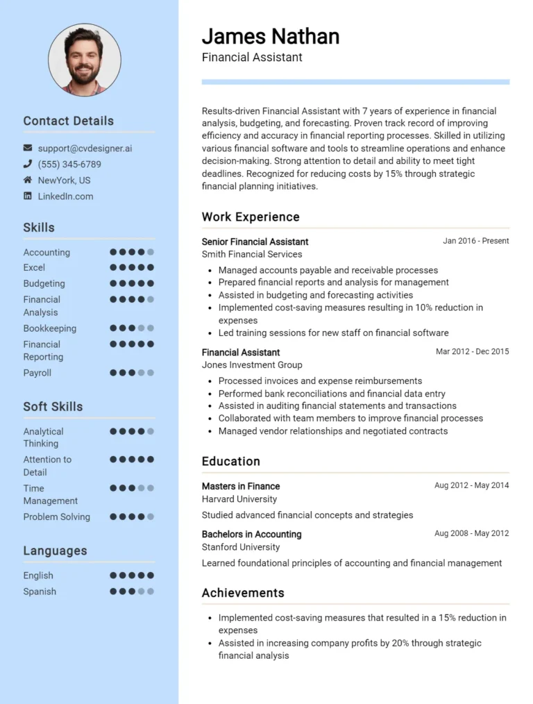 Financial Assistant CV Sample For 2025: Tips & Templates