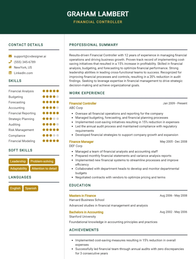 Financial Controller CV Example For 2025: Best Writing Guide