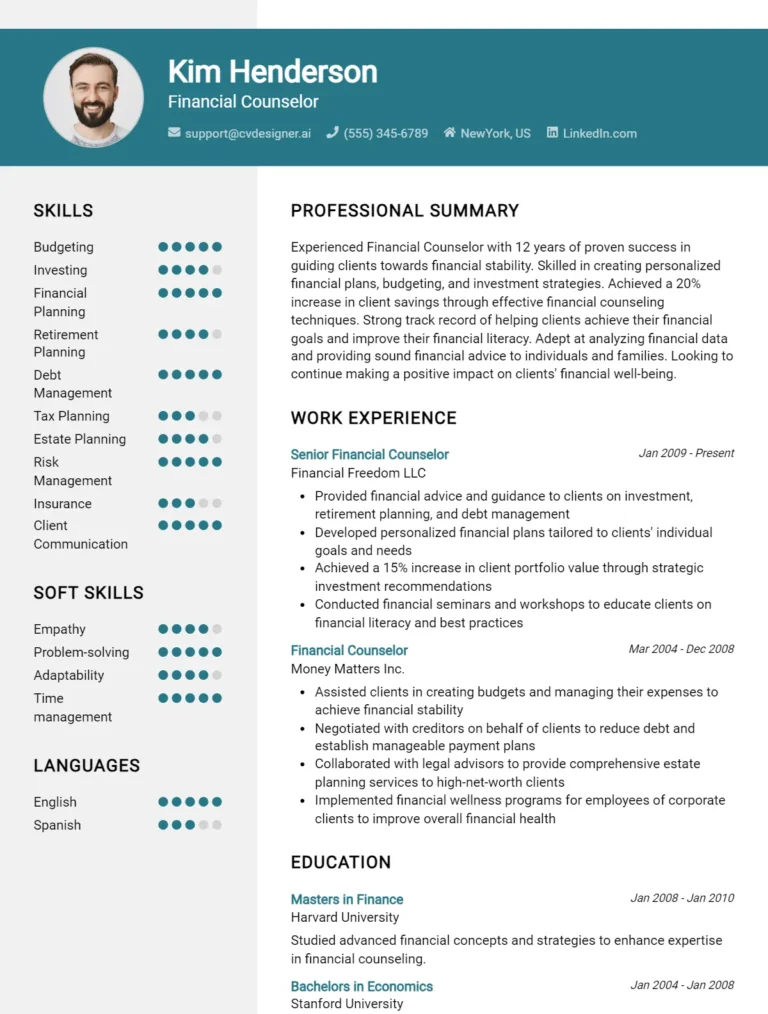Financial Counselor CV Example For 2025: Best Writing Guide