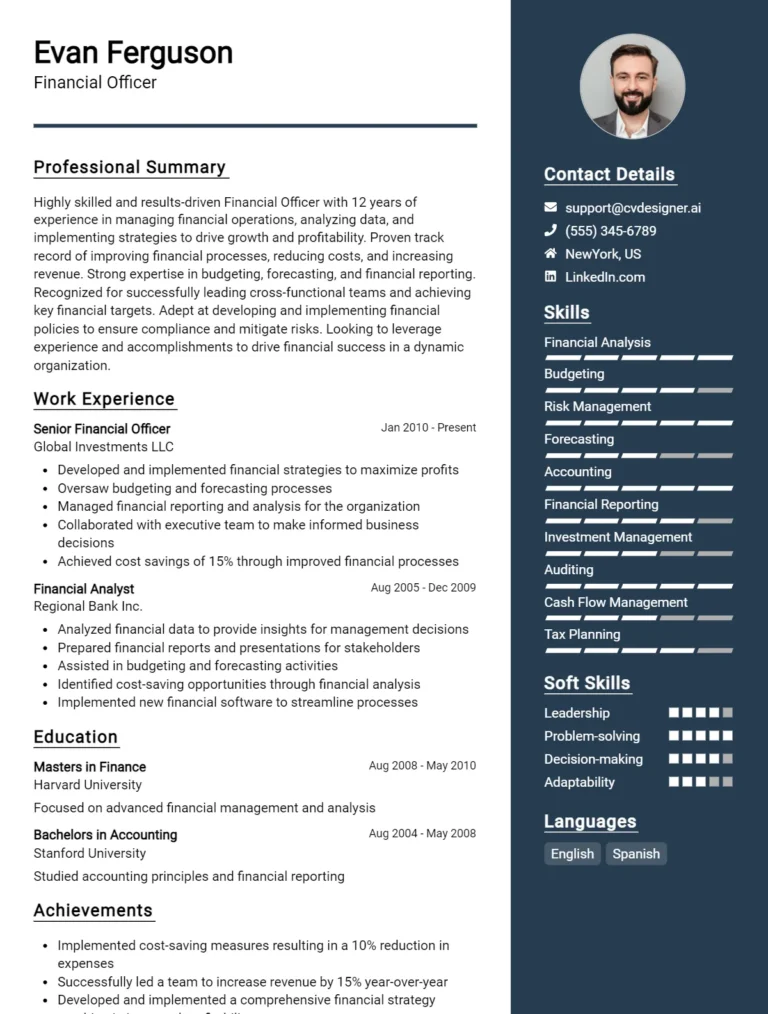 Financial Officer CV Example For 2025: Best Tips & Templates