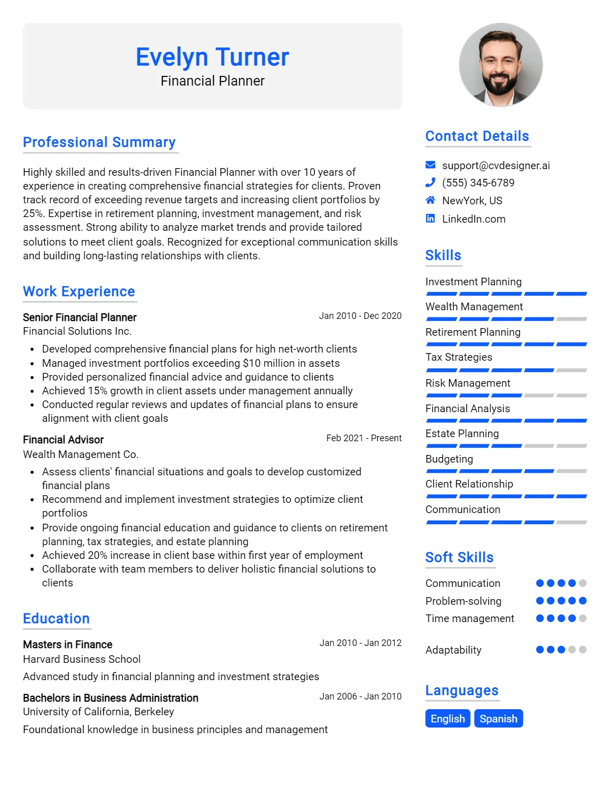 Financial Planner Cv Example Templates For Cvdesigner Ai