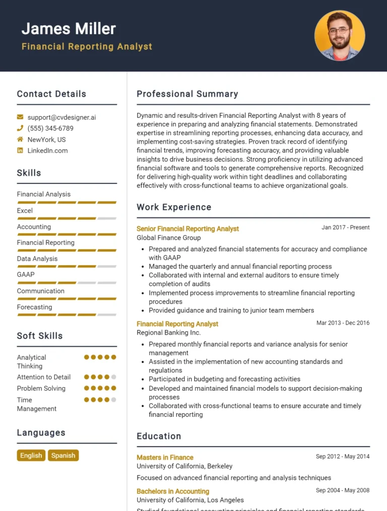 Financial Reporting Analyst CV Example & Templates for 2025