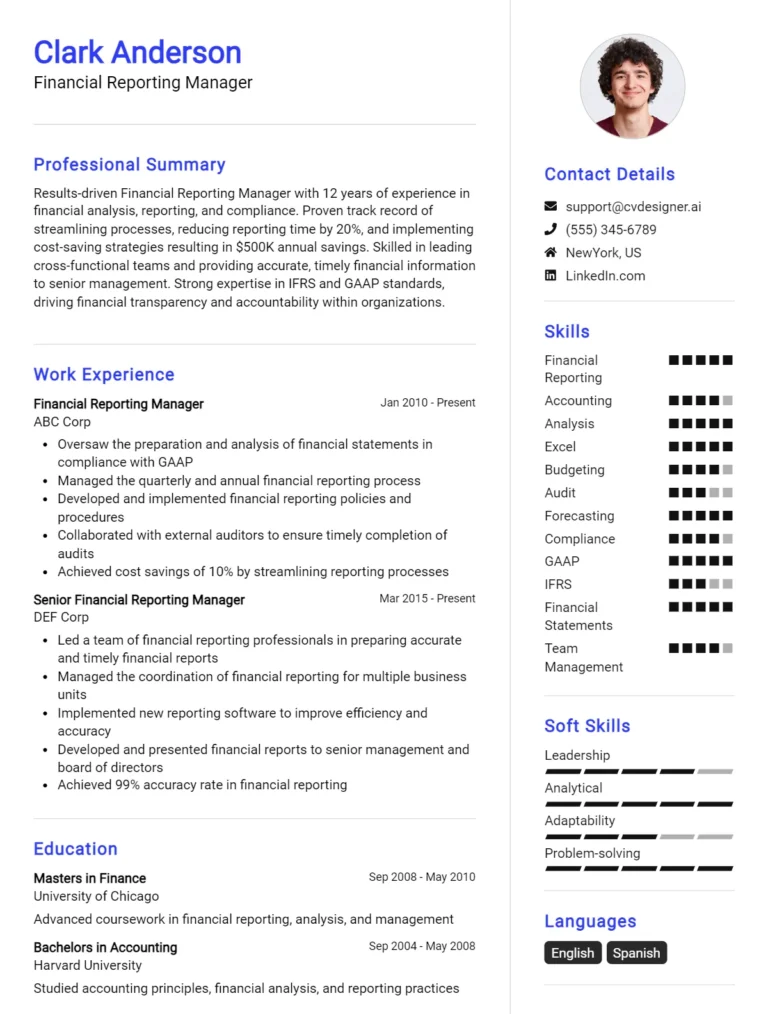 Financial Reporting Manager CV Example For 2025