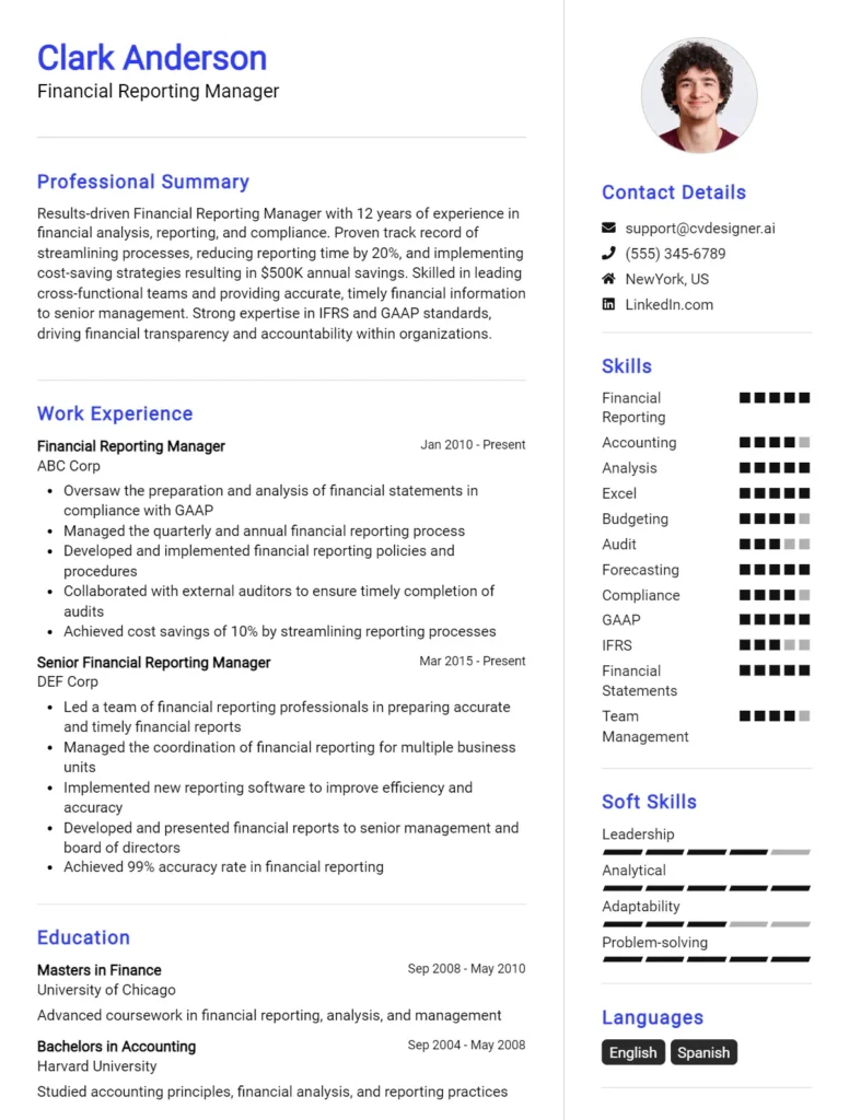 Financial Reporting Manager CV Example