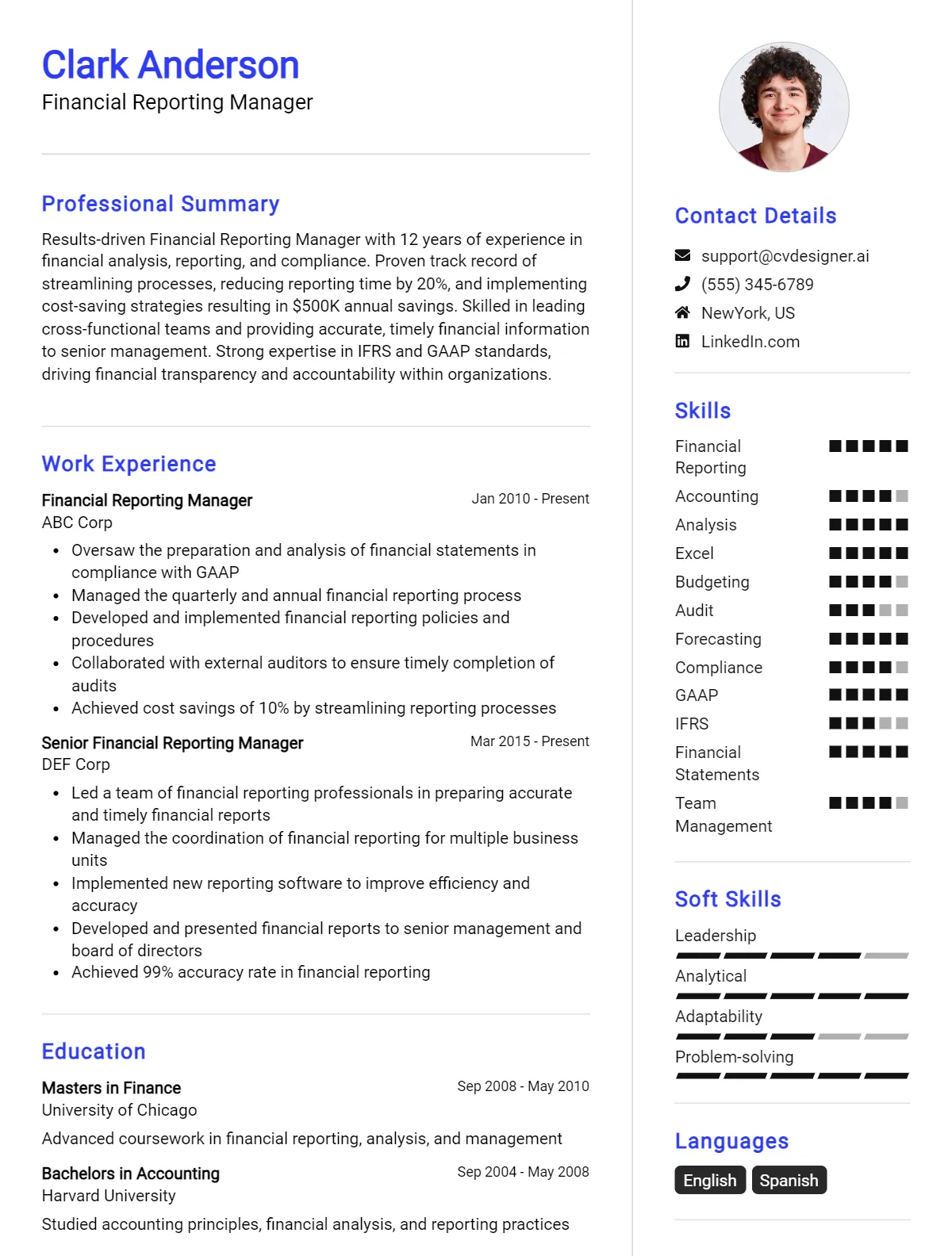 Financial Reporting Manager CV Example For 2024 - CVDesigner.ai