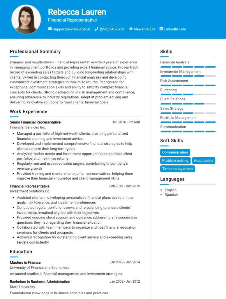 Financial Representative CV Example