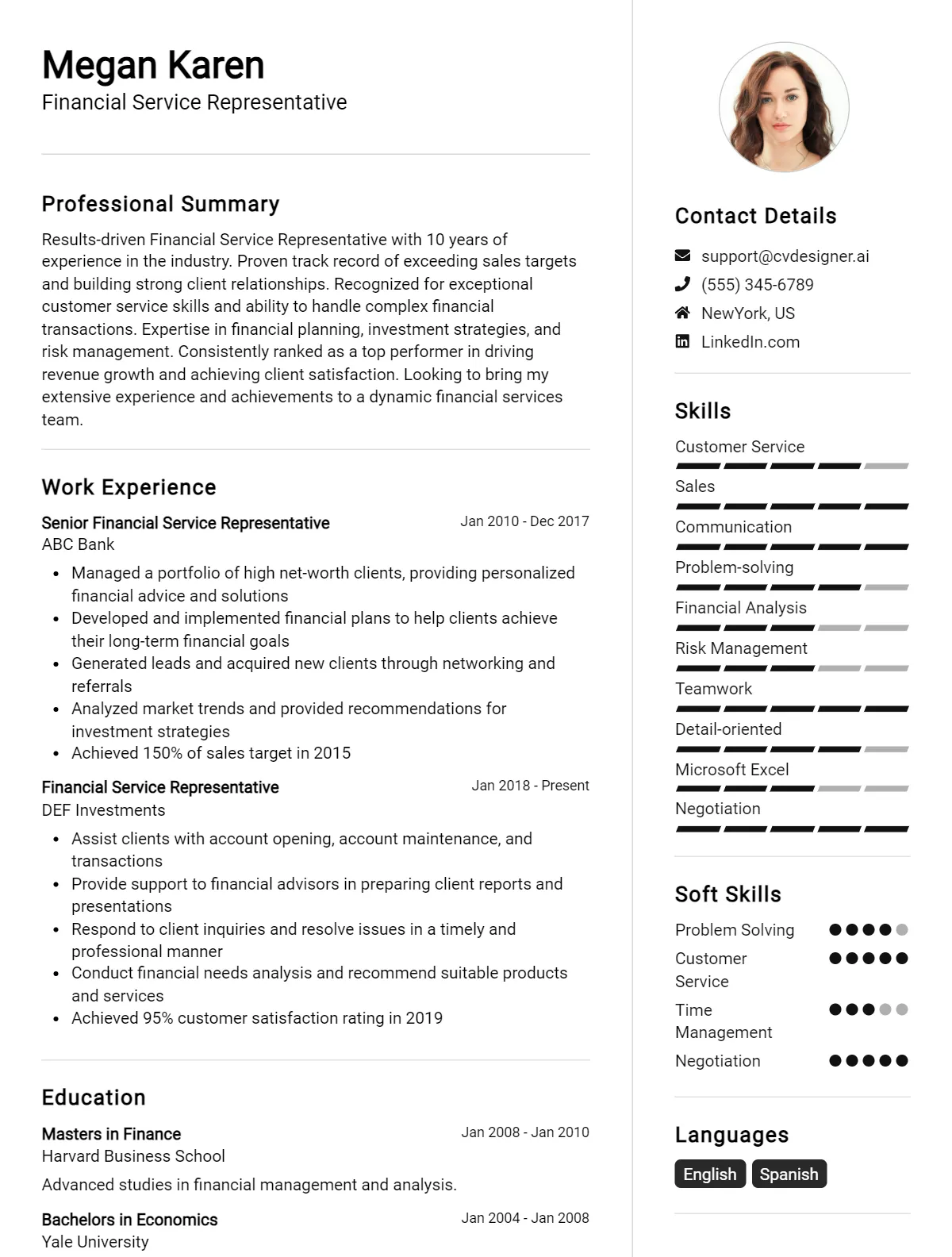 Financial Service Representative CV Example