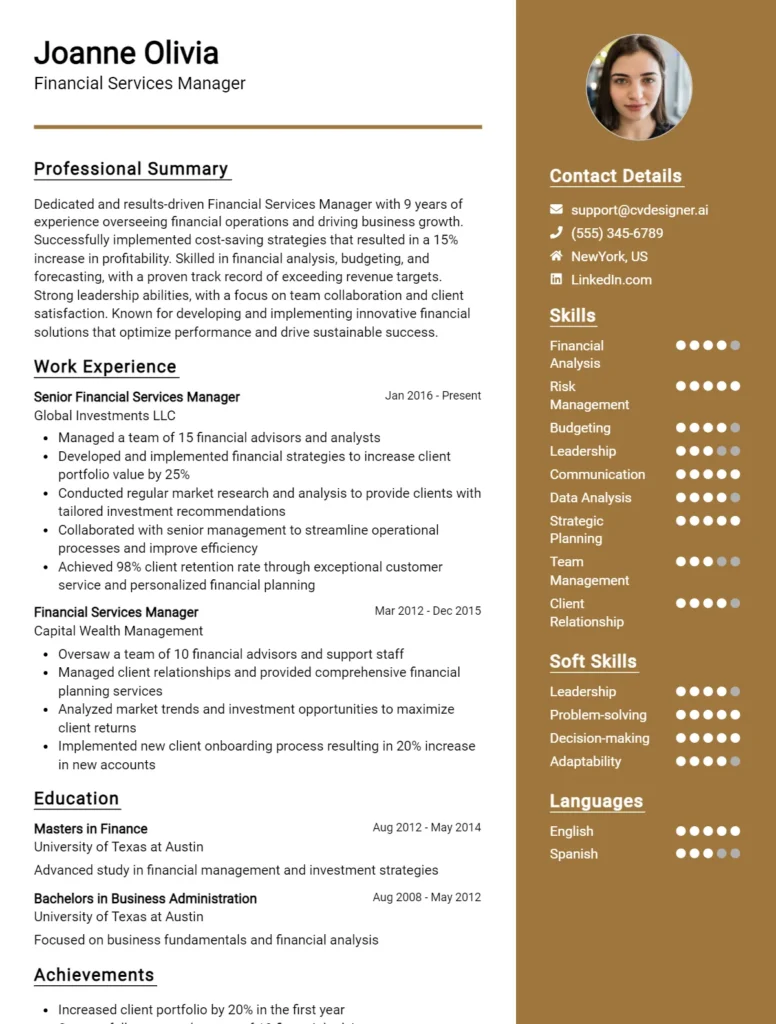 Financial Services Manager CV Example