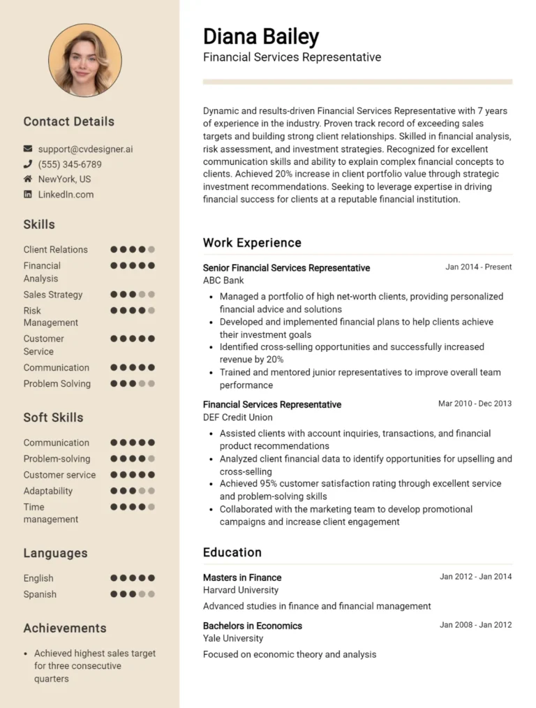 Financial Services Representative CV Example For 2025