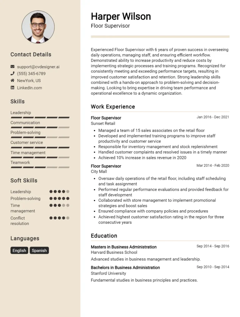 Floor Supervisor CV Example For 2025: Professional CV Templates