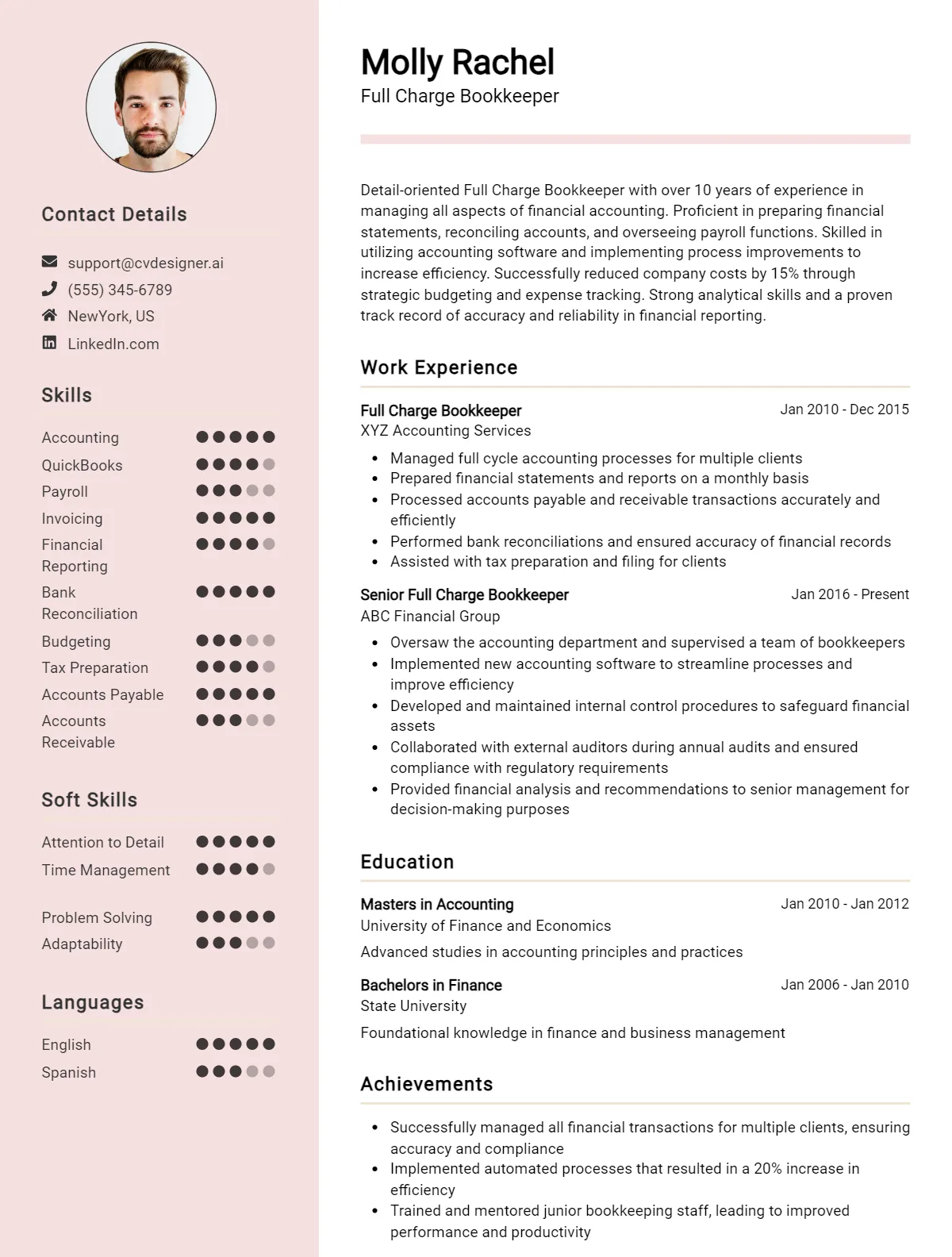 Full Charge Bookkeeper CV Example