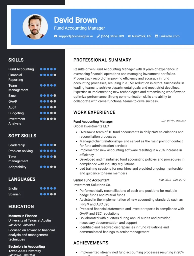 Fund Accounting Manager CV Example For 2025: Free Templates