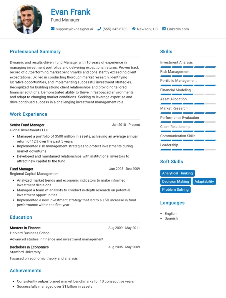 Fund Manager CV Example For 2025: Best Formatting Tips