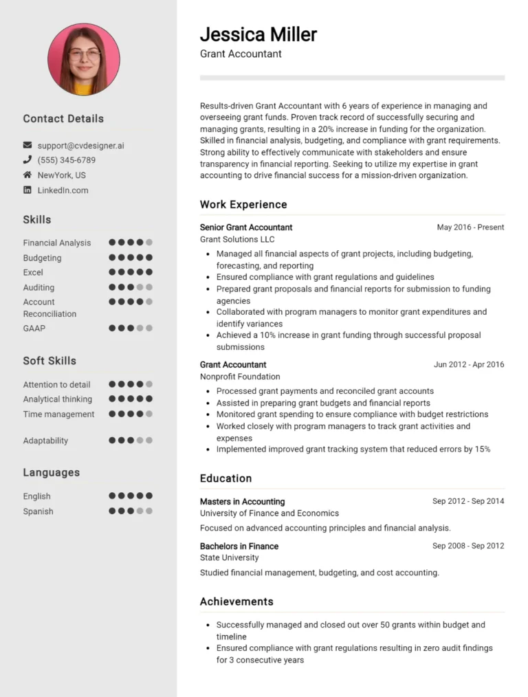 Grant Accountant CV Example For 2025: Best Writing Tips