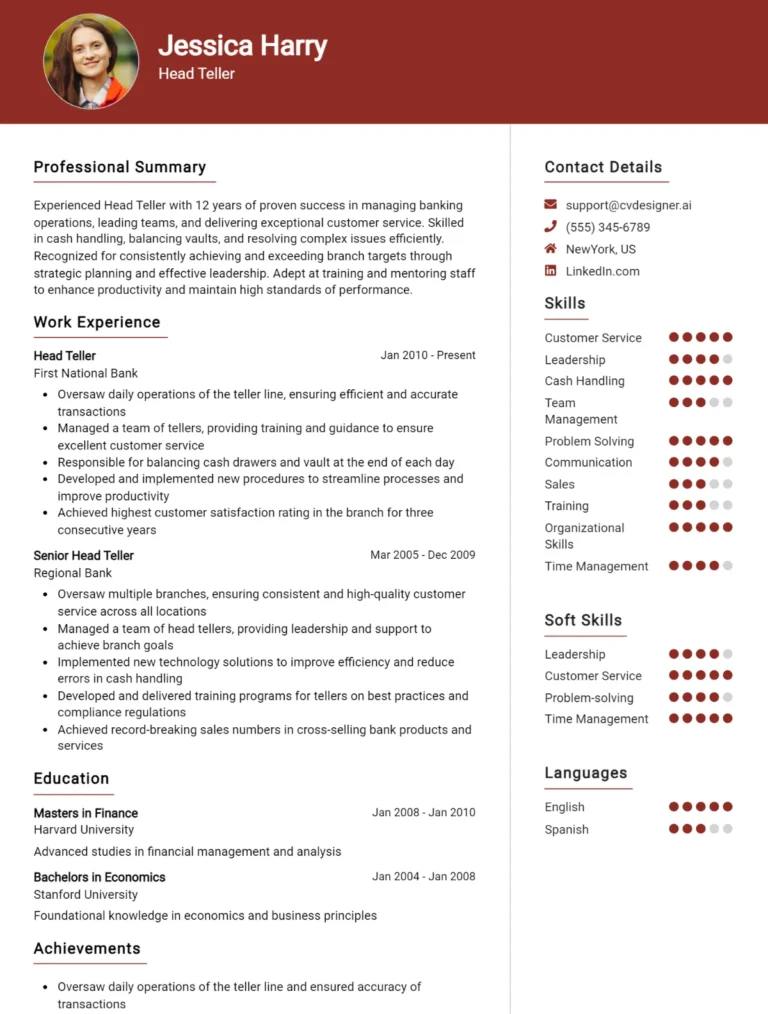 Head Teller CV Example For 2025: Templates & Tips