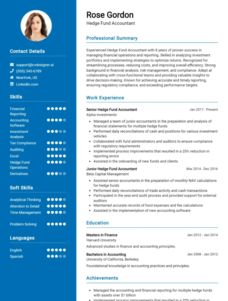 Hedge Fund Accountant CV Example For 2025: Best Writing Guide