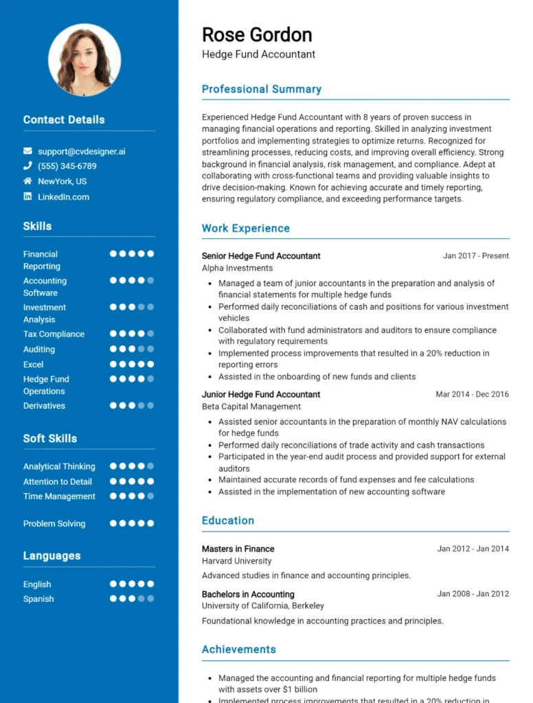 Hedge Fund Accountant CV Example