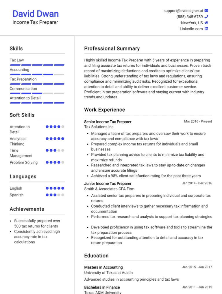 Income Tax Preparer CV Example For 2025: Free Templates