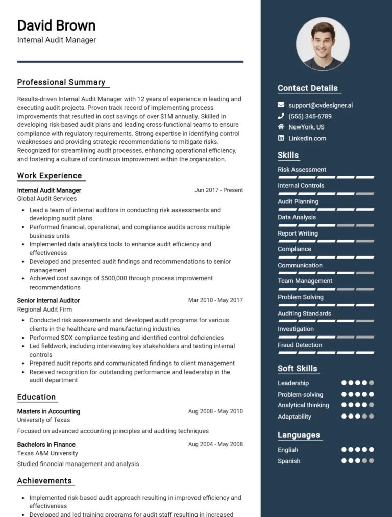 Internal Audit Manager CV Example For 2025: Top CV Skills