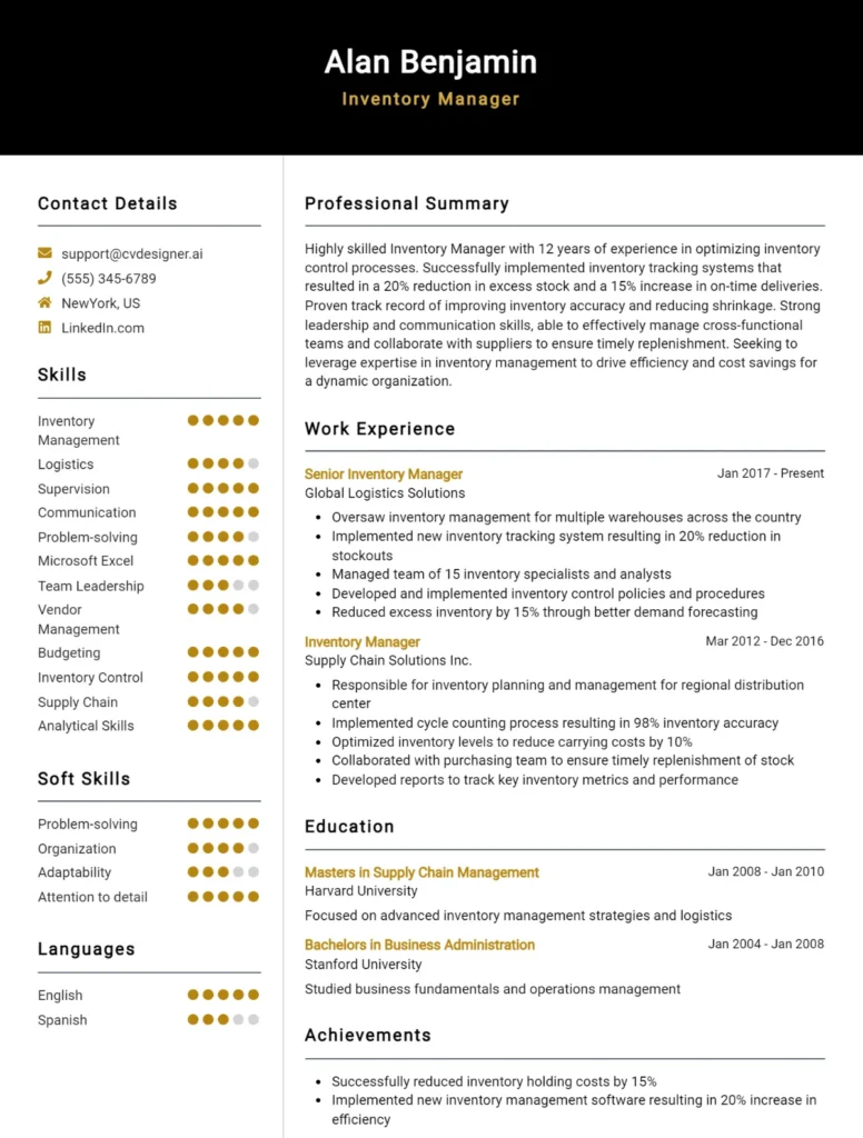 Inventory Manager CV Example