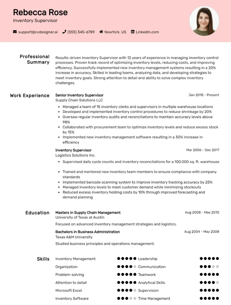 Inventory Supervisor CV Example