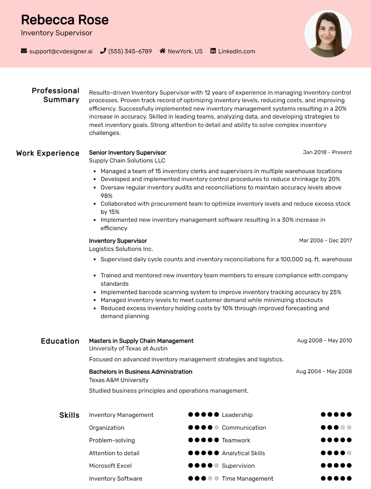 Inventory Supervisor CV Example