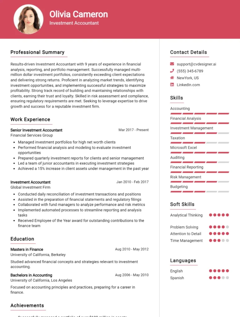 Investment Accountant CV Example For 2025: Free Professional Templates