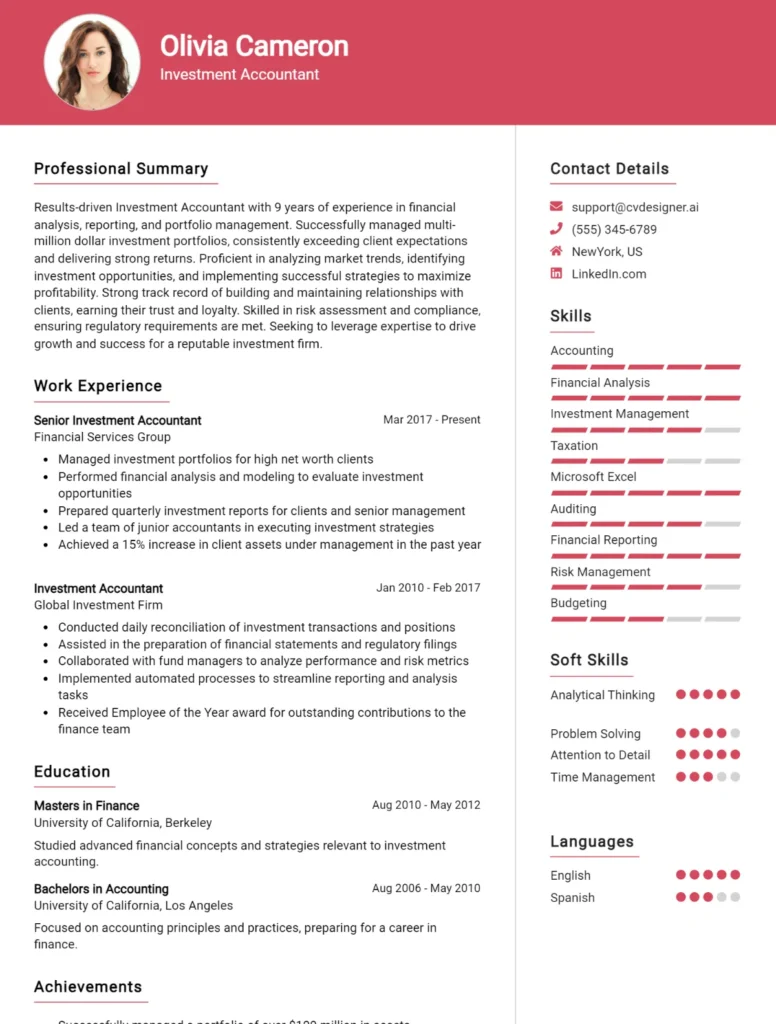 Investment Accountant CV Example