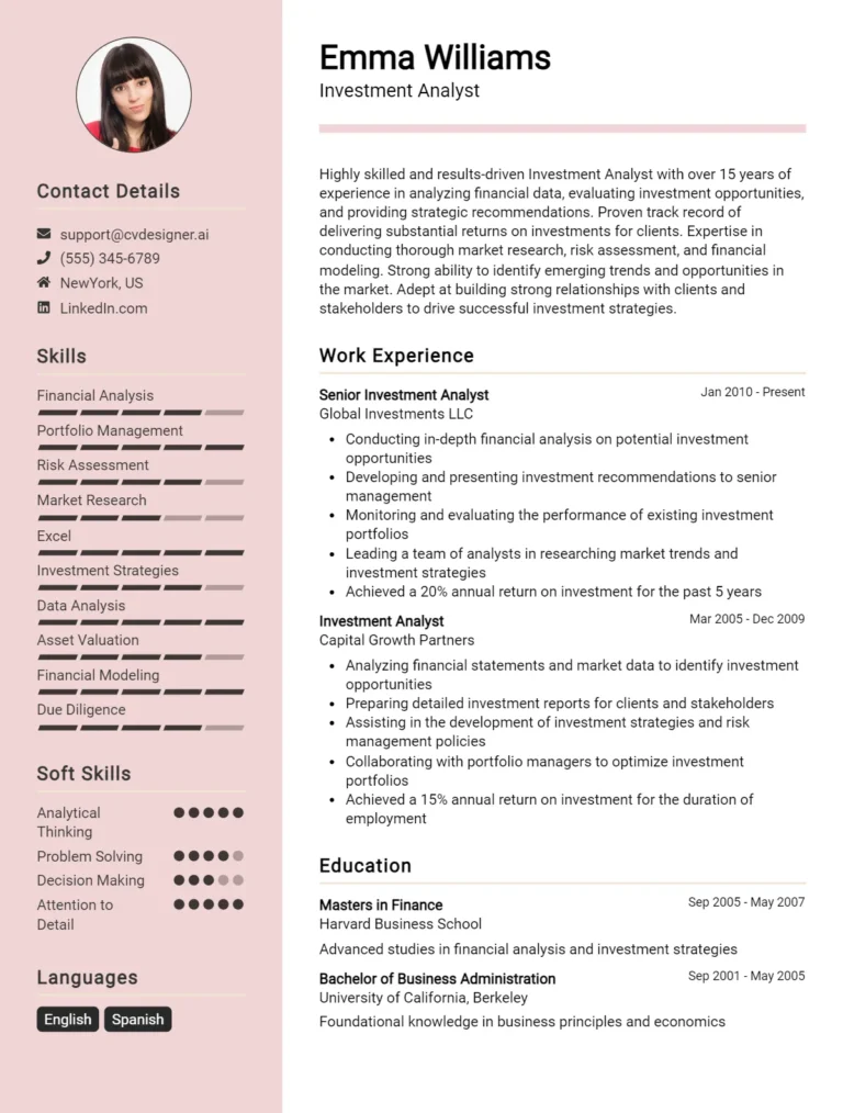 Investment Analyst CV Example & Templates for 2025