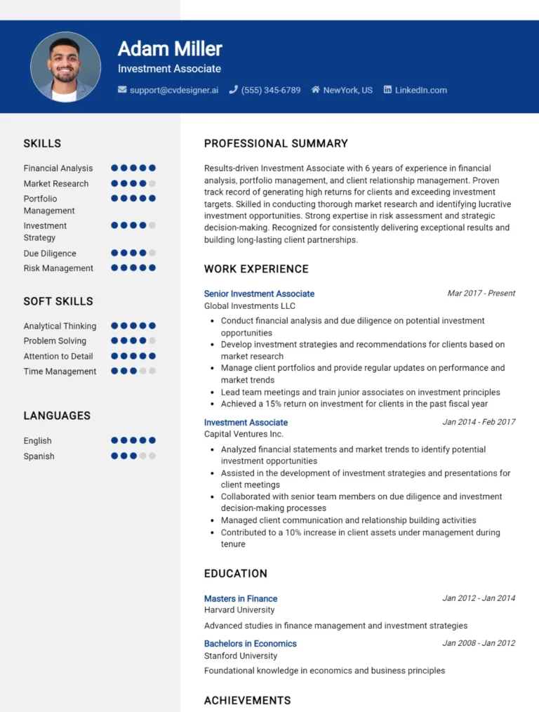 Investment Associate CV Example For 2025: Top CV Skills