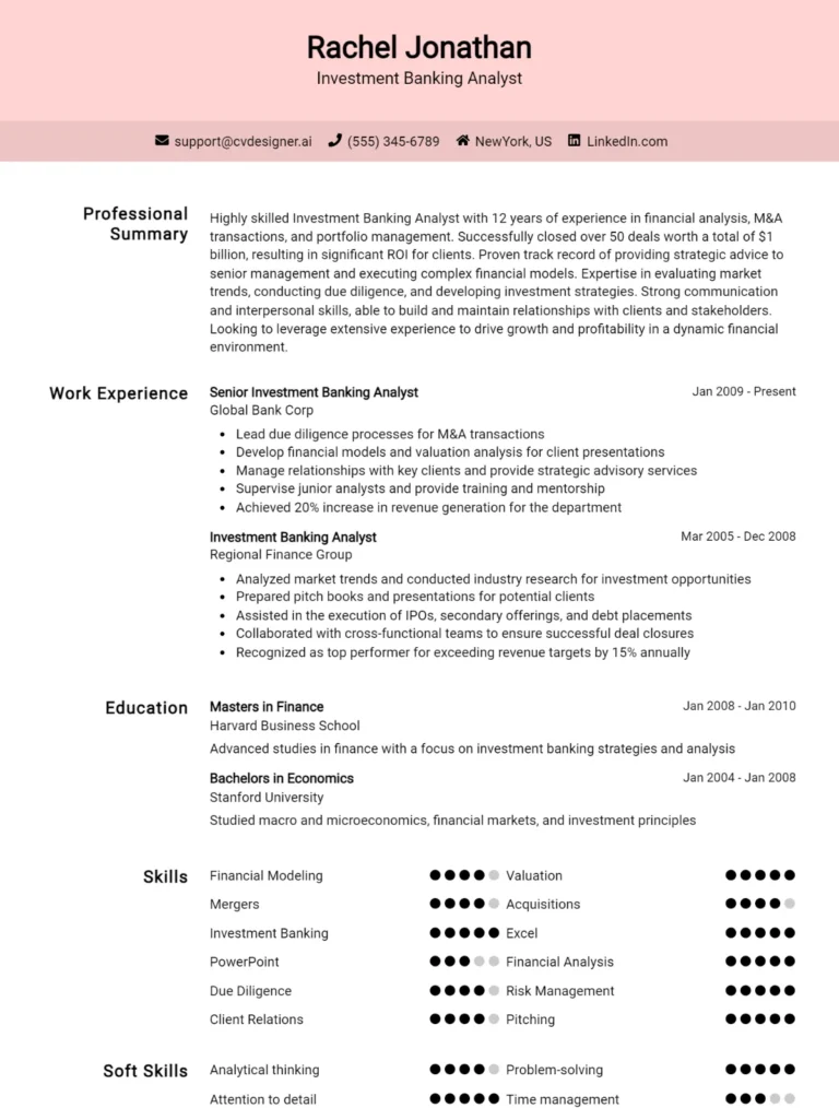 Investment Banking Analyst CV Example For 2025: Top CV Skills