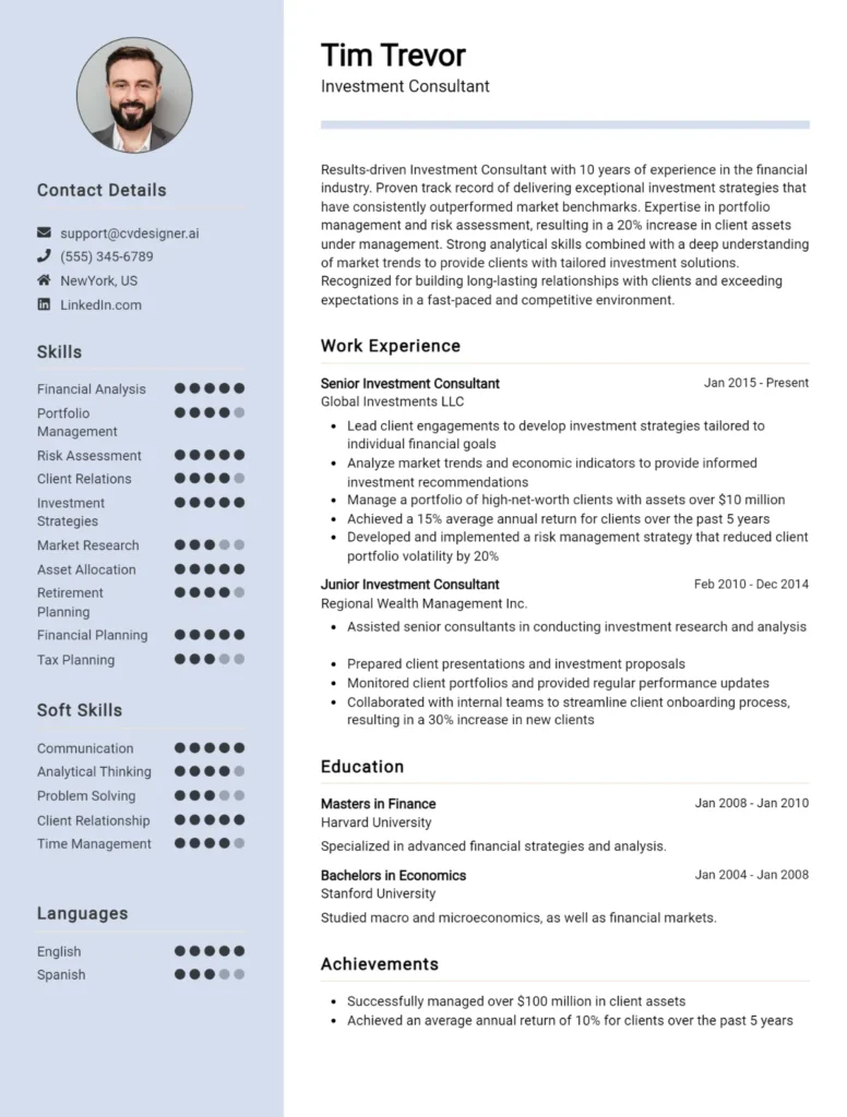 Investment Consultant CV Example