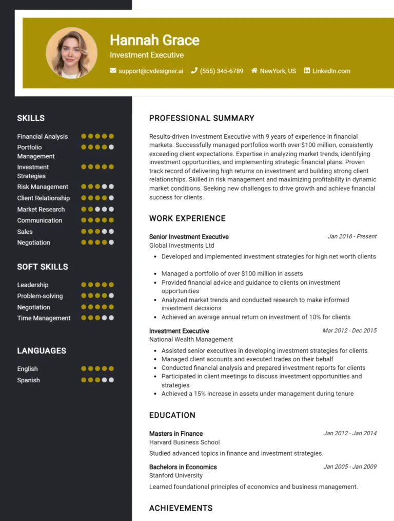Investment Executive CV Example For 2025: Best Formatting Tips