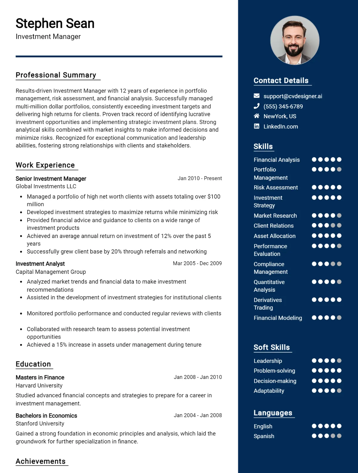 Investment Manager CV Example