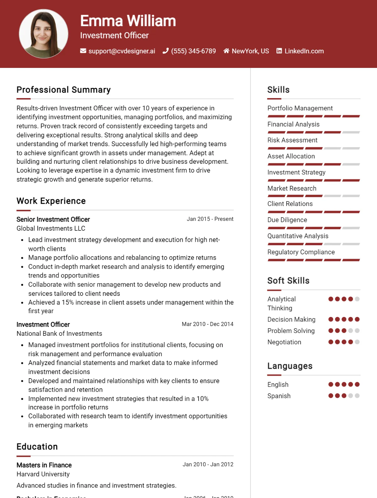 Investment Officer CV Example