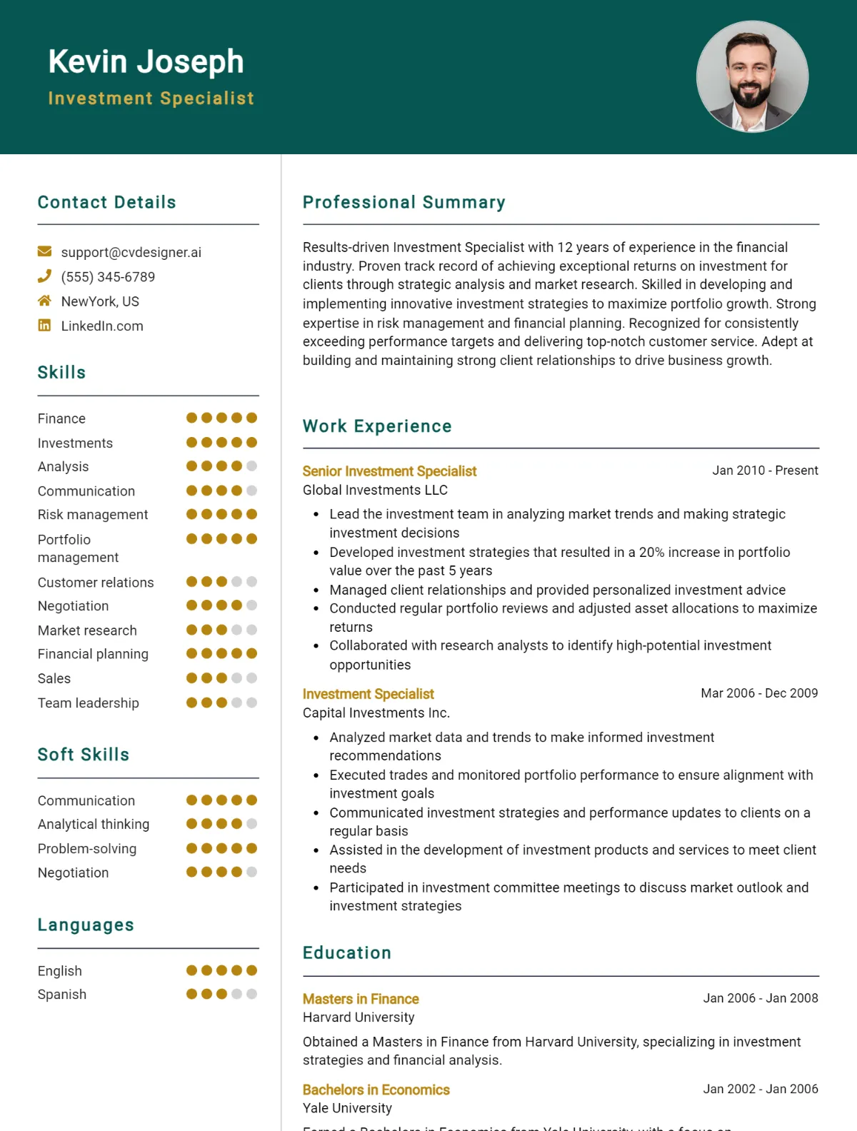Investment Specialist CV Example