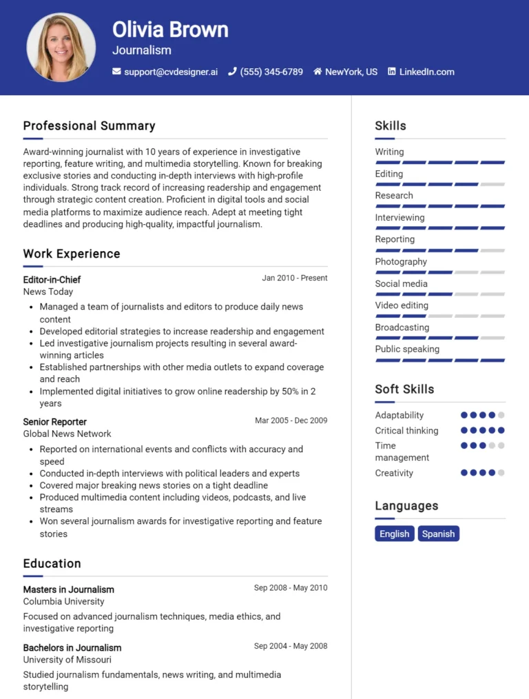 Journalism CV Example For 2025: Professional CV Templates