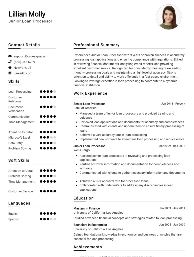 Junior Loan Processor CV Example