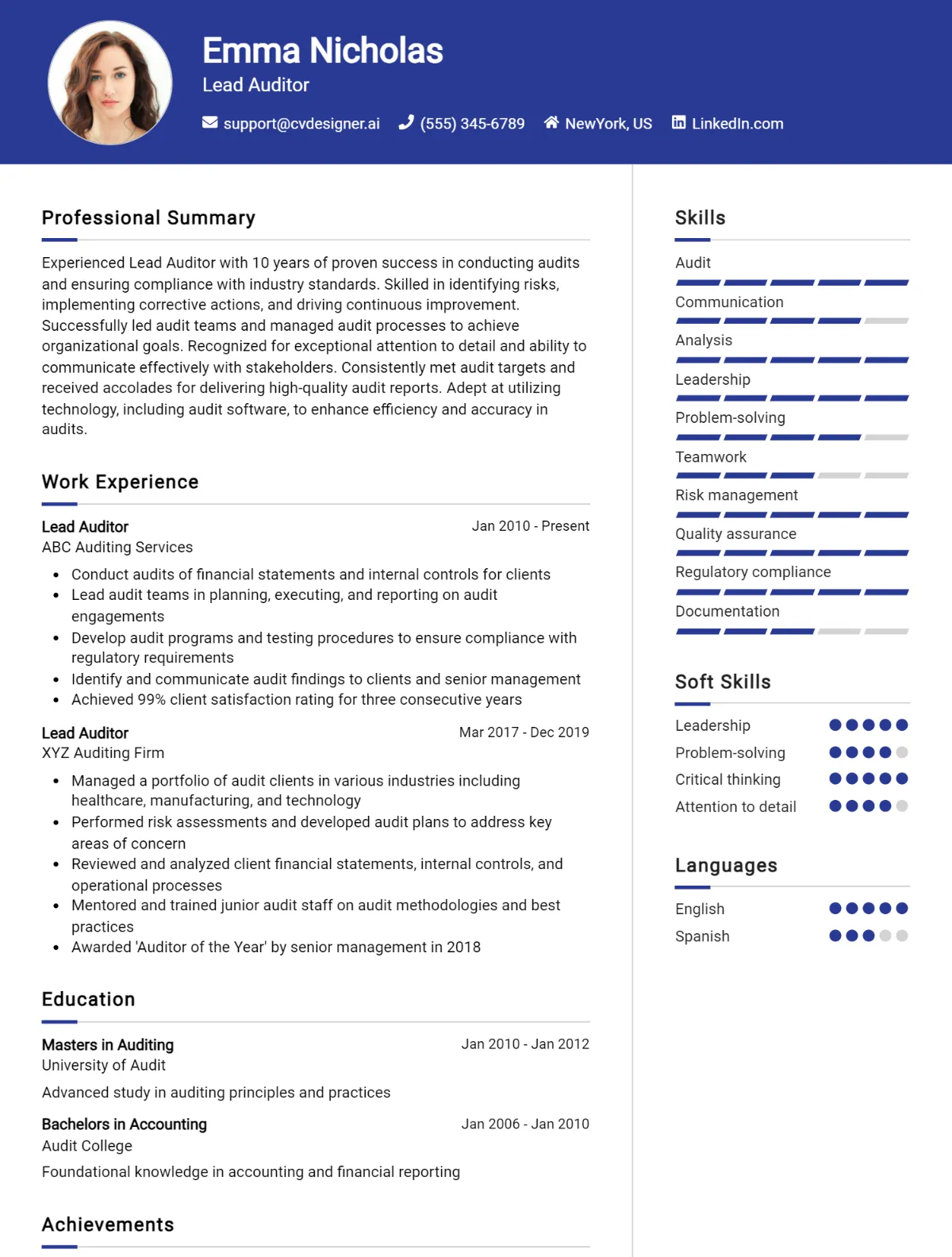 Lead Auditor CV Example