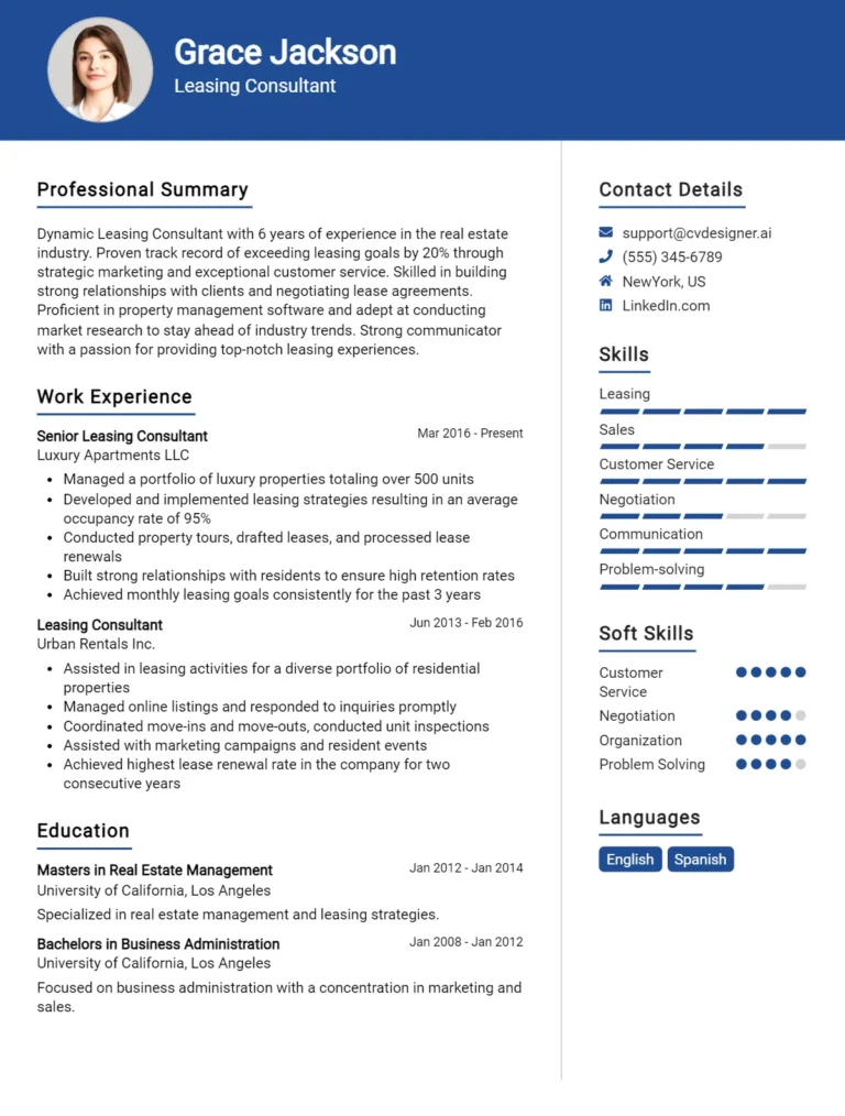 Leasing Consultant CV Example For 2025: How to Craft a Winning CV