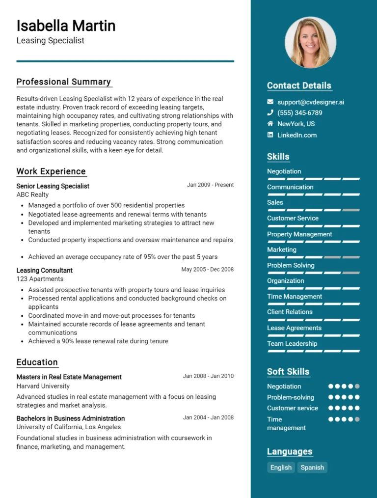 Leasing Specialist CV Example For 2025: Expert Tips & Templates