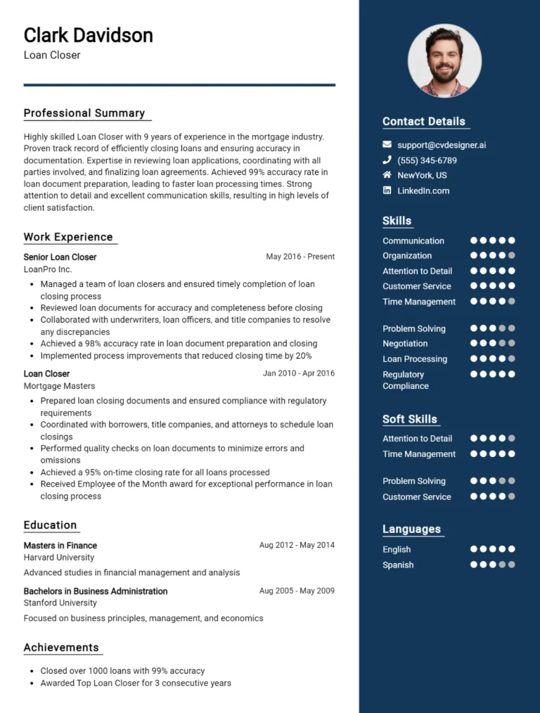 Loan Closer CV Example For 2025: How to Create a Professional CV