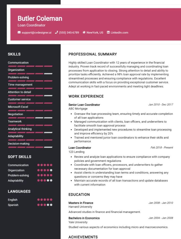 Loan Coordinator CV Example For 2025: Professional CV Templates