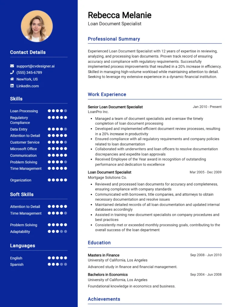 Loan Document Specialist CV Example For 2025: Effective CV Writing Tips