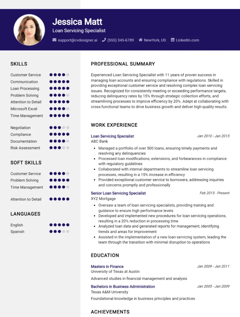 Loan Servicing Specialist CV Example For 2025: Top Tips & Samples