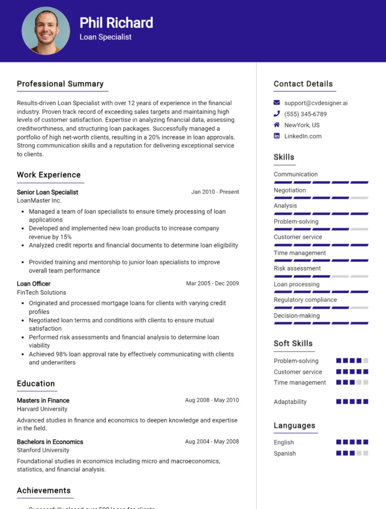 Loan Specialist CV Example